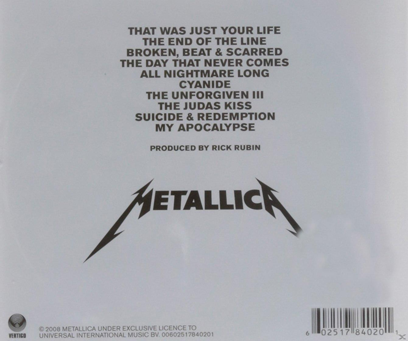 Rückseite einer CD mit Songtiteln und dem Metallica-Logo.