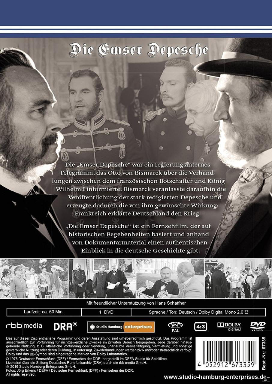 DVD-Cover: Schwarz-Weiß-Bild von Männern in Anzügen, Text 'Die Emsm Depesche' und Credits.