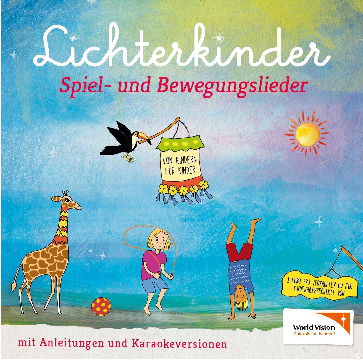 Kinderbuchcover mit verschiedenen Illustrationen: Giraffe, Vögel, spielende Kinder und Sonne.