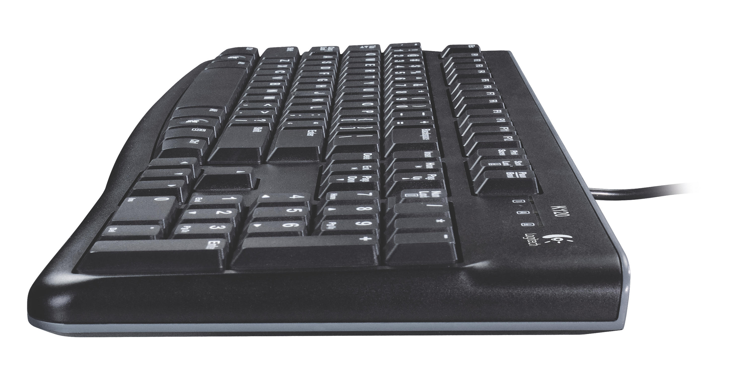 A black keyboard with keys, viewed from above and angled slightly.