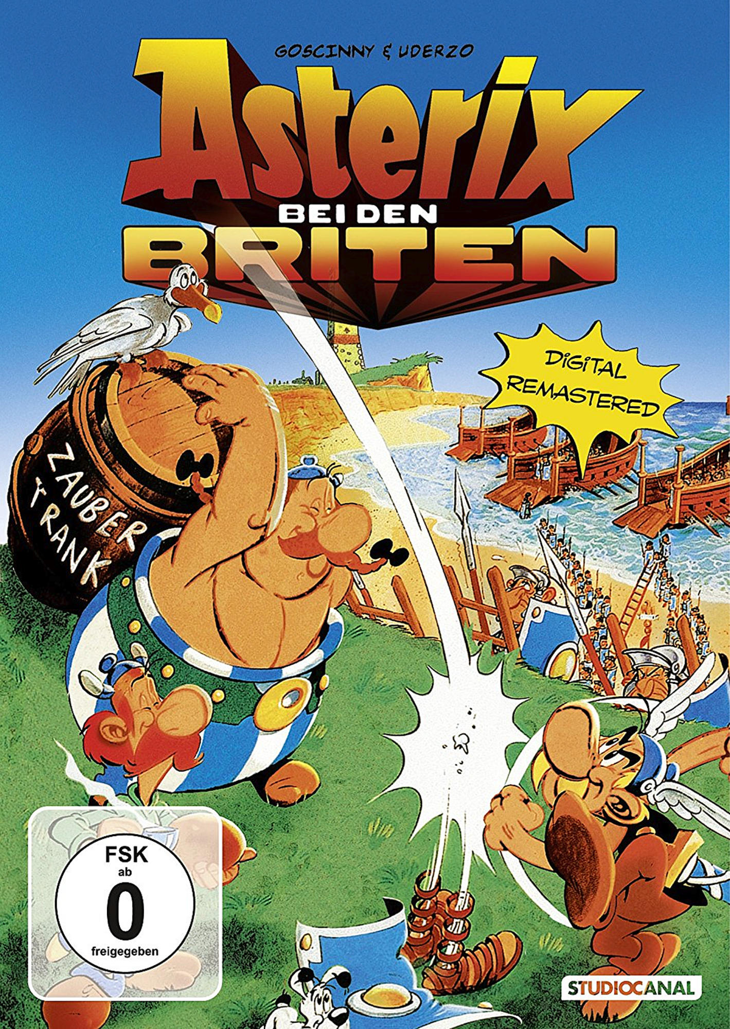 Asterix DVD-Cover. Zeichentrickszene von Asterix und anderen Figuren. Bunt, lebhaft.