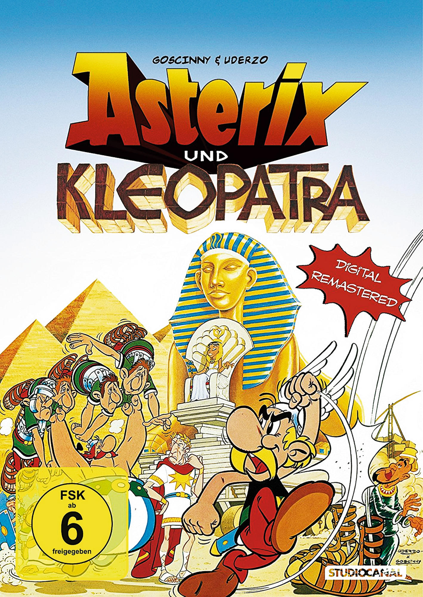 Asterix und Kleopatra DVD-Cover. Cartoonfiguren in leuchtenden Farben, mit einem goldenen Pharao.