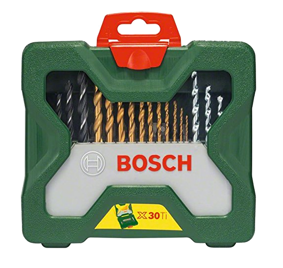 Zöld szerszámosláda fúrószárakkal. A Bosch logó látható.