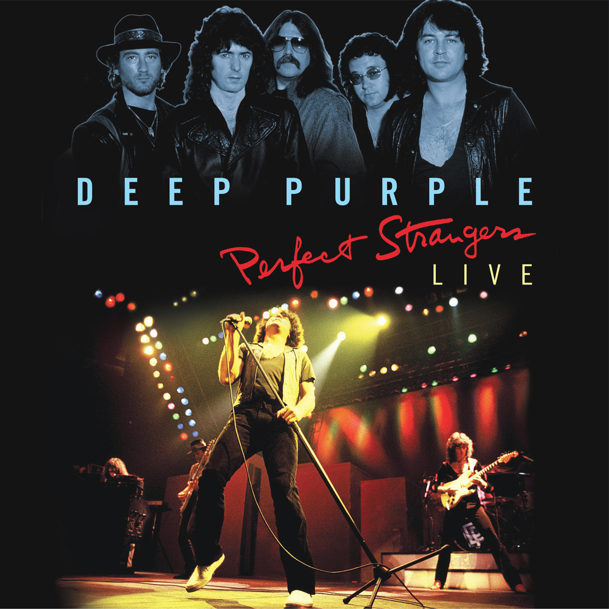 Albumcover von Deep Purple mit den Bandmitgliedern und einer Live-Performance-Szene.