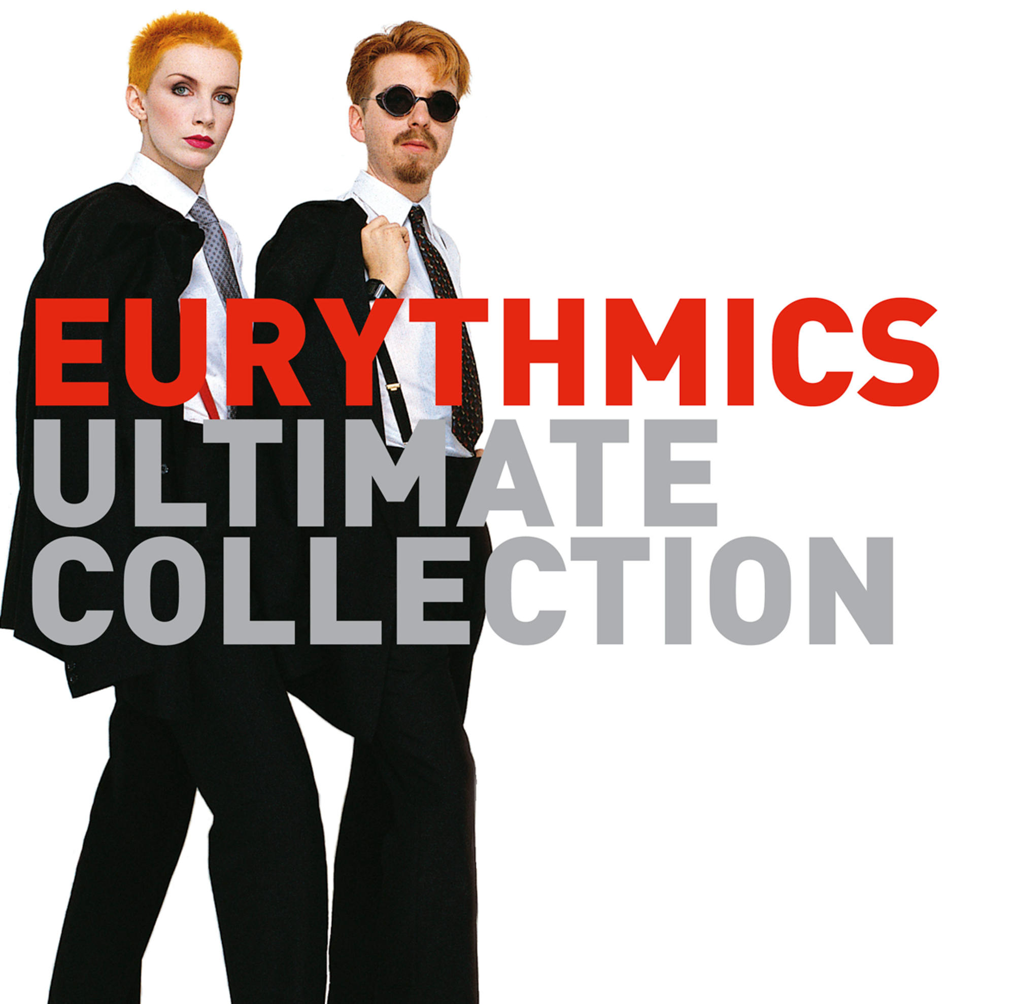 Eurythmics-Albumcover. Zwei Personen in schwarzen Anzügen. Roter und grauer Text: EURYTHMICS ULTIMATE COLLECTION.