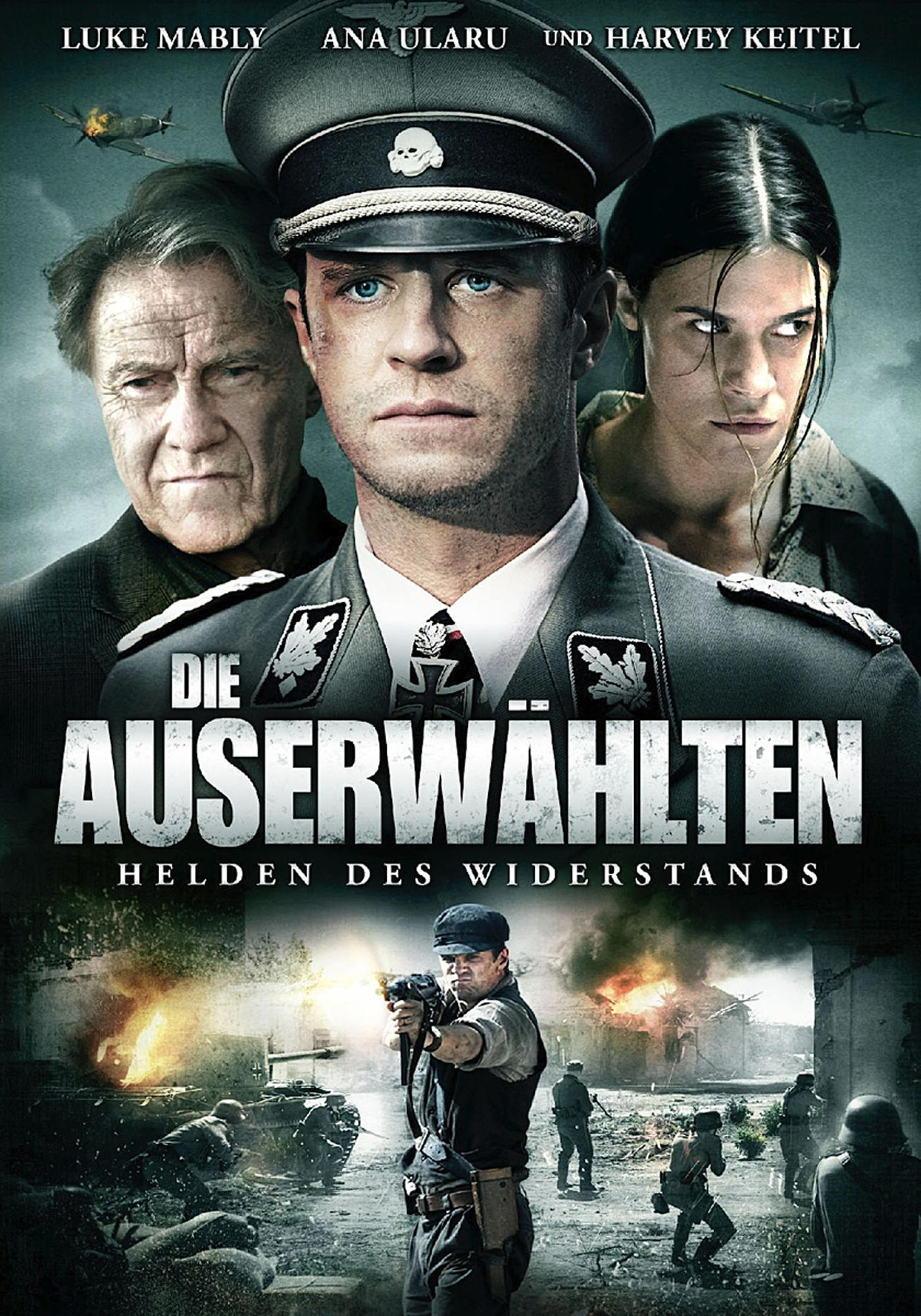 DVD-Cover mit drei Personen, Kriegsszene im Hintergrund.