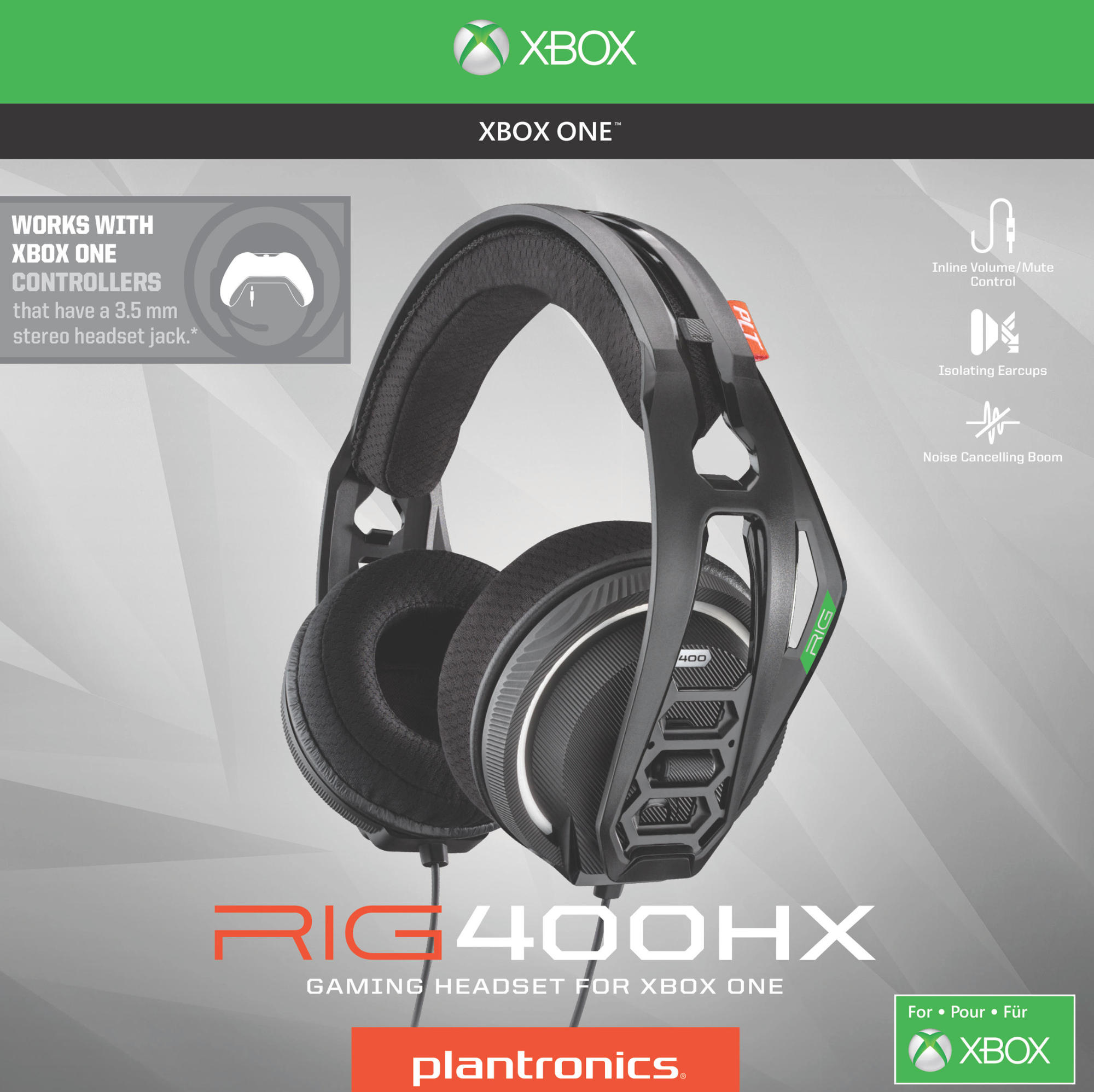 Czarne słuchawki do gier RIG 400HX dla Xbox One z funkcjami takimi jak izolujące nauszniki i ramię z redukcją szumów.