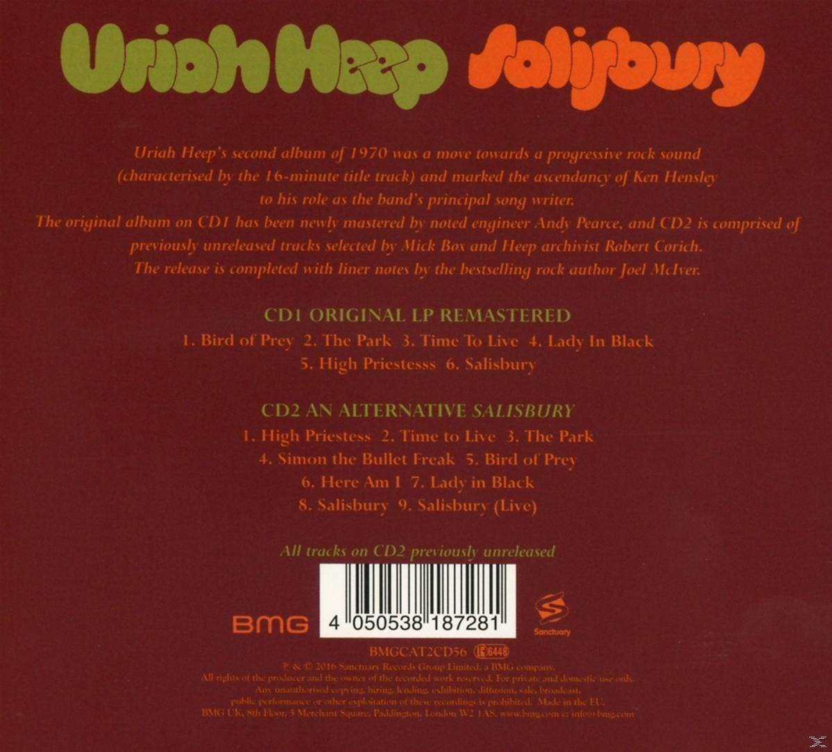 A Uriah Heep "Salisbury" albumának hátlapja, a számlistákkal és a szöveggel.
