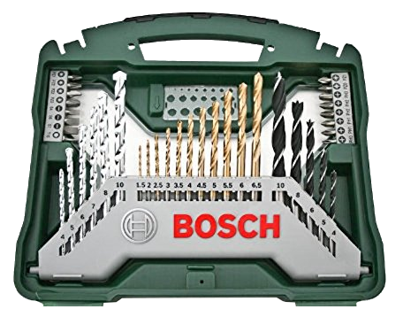 Szerszámosláda fúrószárakkal, Bosch logó. Zöld tok, rendezett arany és ezüst fúrók.