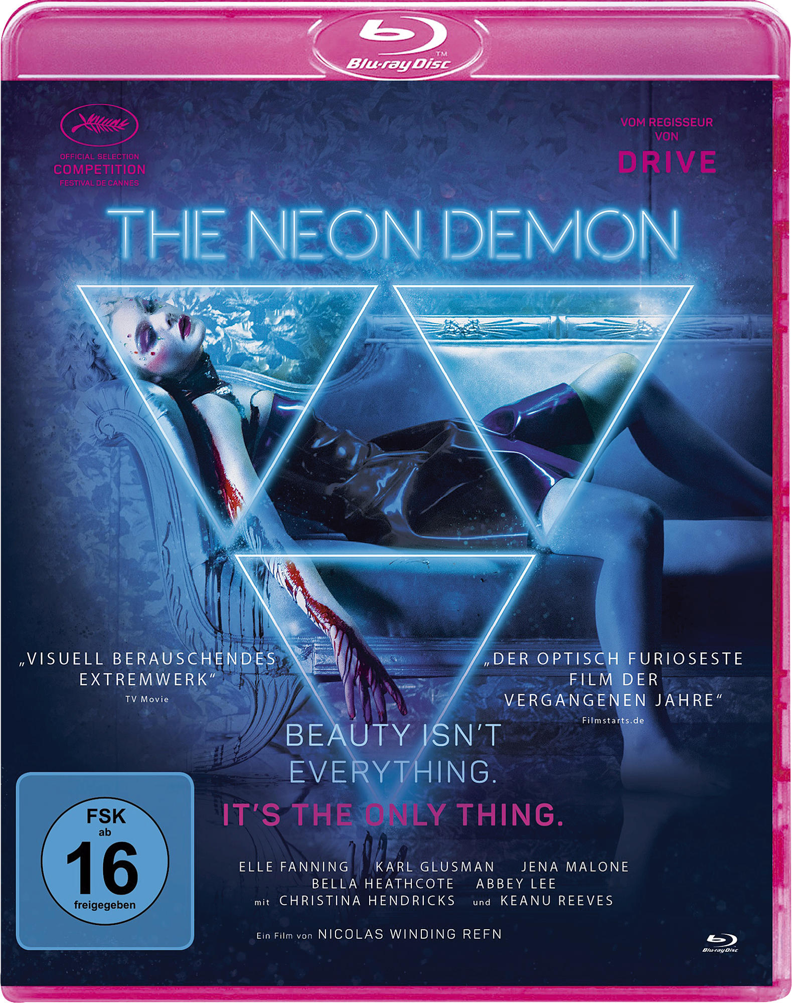 Filmcover: The Neon Demon. Frau in dunklem Kleid. Blaue und rosa Neonlichter. Rosa Hintergrund.