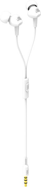 Beyaz kablolu beyaz JBL kulaklık. Sarı ve siyah ses jakı. Beyaz zemin.