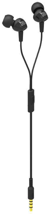 Siyah kablolu ve sarı konektörlü siyah kulaklıklar. Kulaklıklarda JBL logosu bulunur.