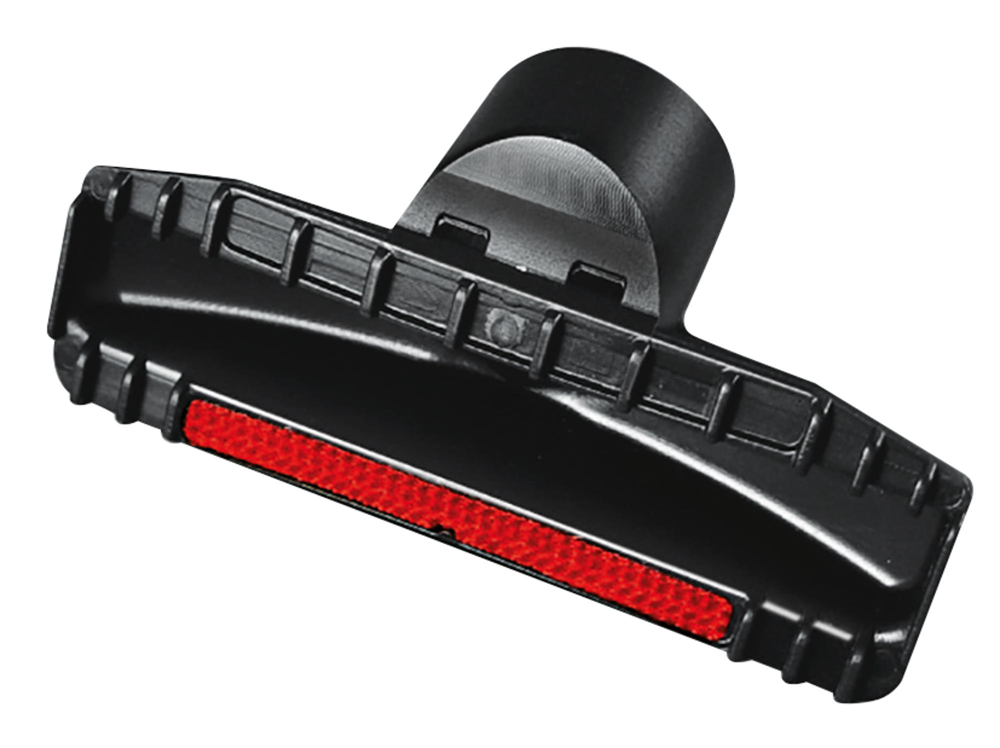 Schwarzer Staubsauger-Bürstenkopf mit rotem Streifen. Er ist auf weißem Hintergrund abgewinkelt.