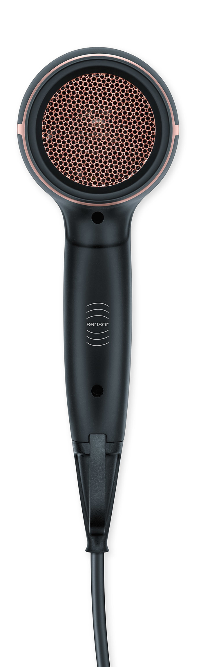 Asciugacapelli nero con dettagli oro rosa e manico nero, vista dall'alto.