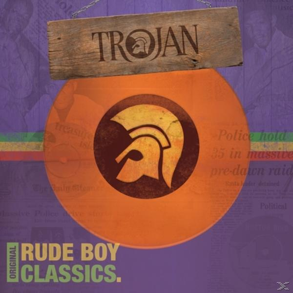 Trojan Records Albumcover: Orangefarbene Schallplatte, Holzschild, mit Trojanerhelm-Logo und Text.