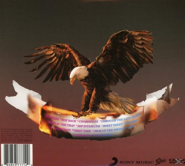 Albumcover mit einem Weißkopfseeadler, der ein Banner mit Songtiteln hält. Dunkelroter Hintergrund.