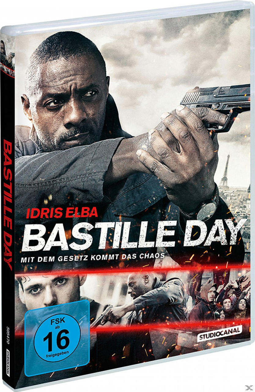 Filmcover von 'Bastille Day' mit Idris Elba, der eine Waffe hält, vor Stadtkulisse.