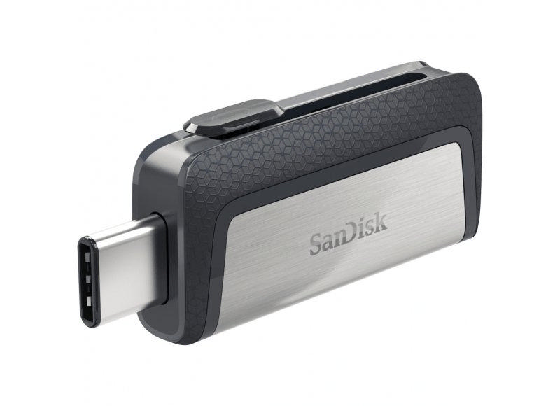 Uç kısmında bir USB-C konektörü bulunan, siyah ve gümüş renkli bir SanDisk USB-C flash sürücü.