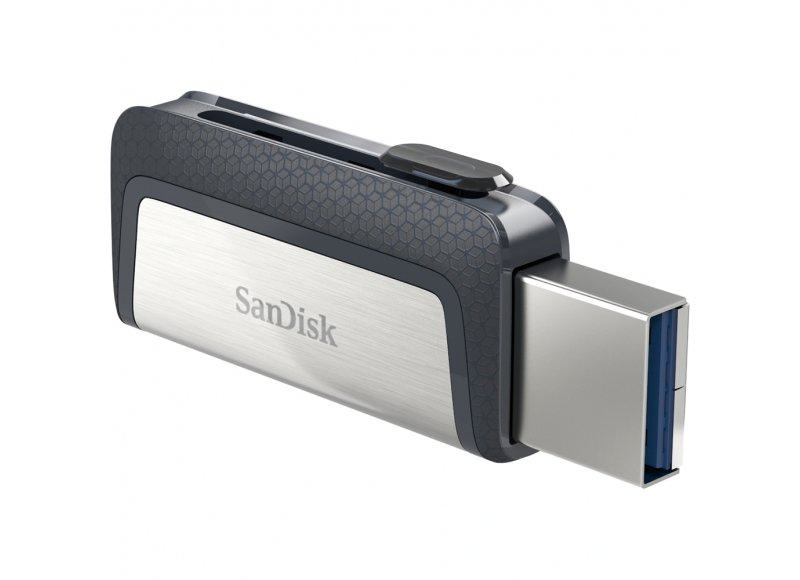 Gümüş ve koyu gri bir SanDisk USB sürücüsü. USB-A ve USB-C konektörleri görünür.