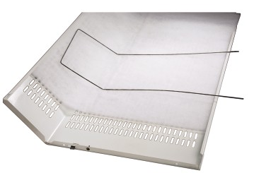 A silver metal tray with holes and a black wire running across it, on a white background.