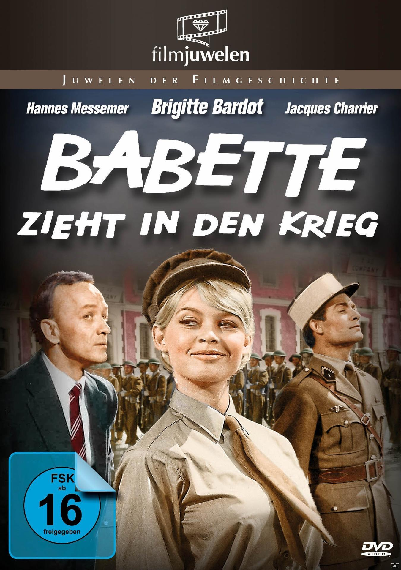 DVD-Cover mit Brigitte Bardot in Militäruniform und dem Text: Babette zieht in den Krieg.