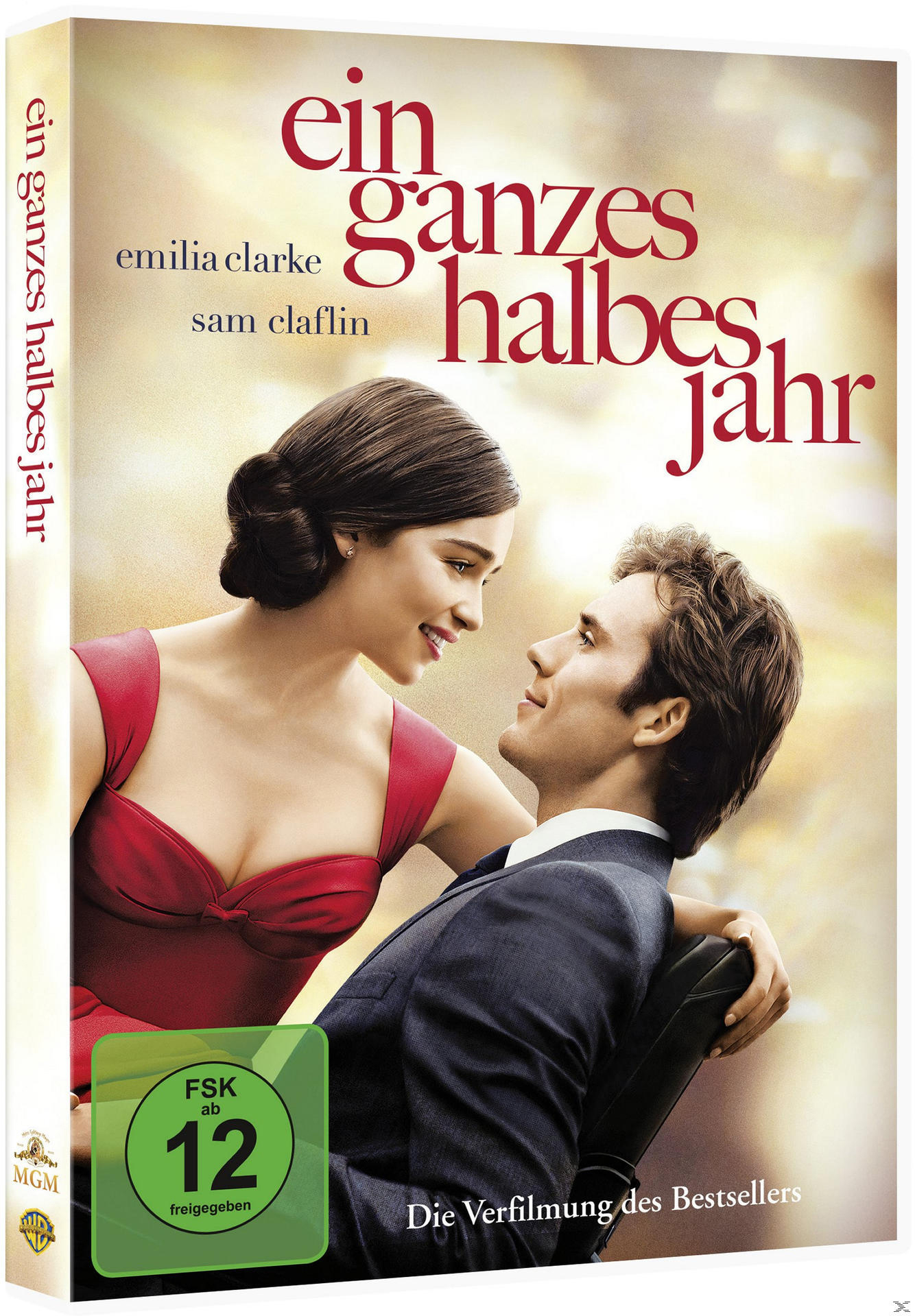 DVD-Cover mit einem verliebten Paar. Der Titel lautet 'Ein ganzes halbes Jahr', mit Text und grüner Altersfreigabe.