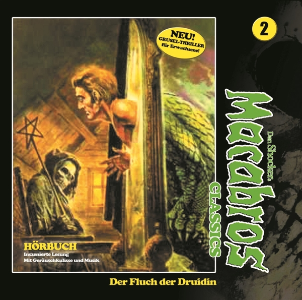Hörbuchcover mit Mann und Skelett in einer unheimlichen Szene.