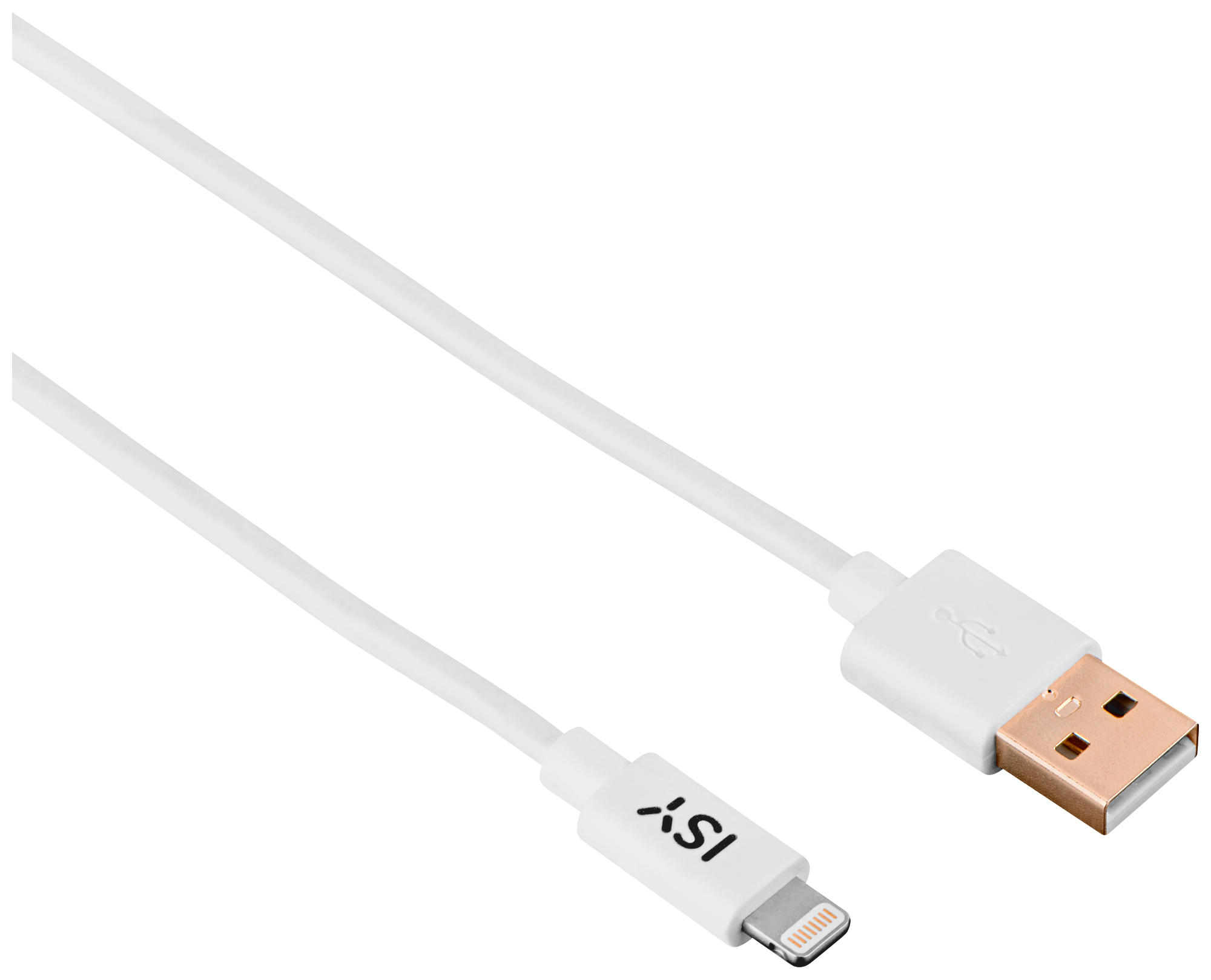 Câble USB blanc avec un connecteur à une extrémité et un connecteur Lightning à l'autre.
