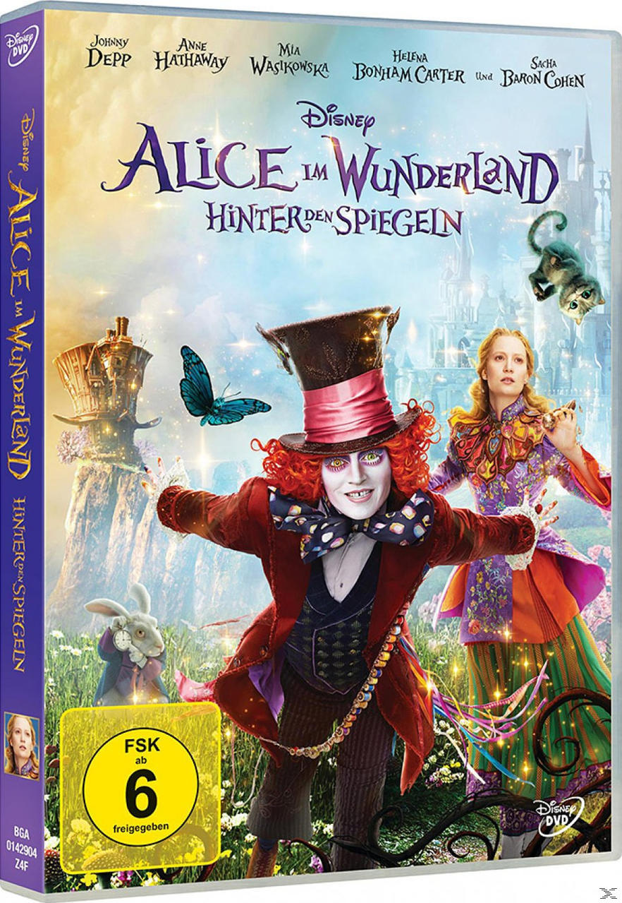 DVD-Cover: Film Alice im Wunderland. Charaktere: Hutmacher, Alice, Königin. Bunter Fantasy-Hintergrund.