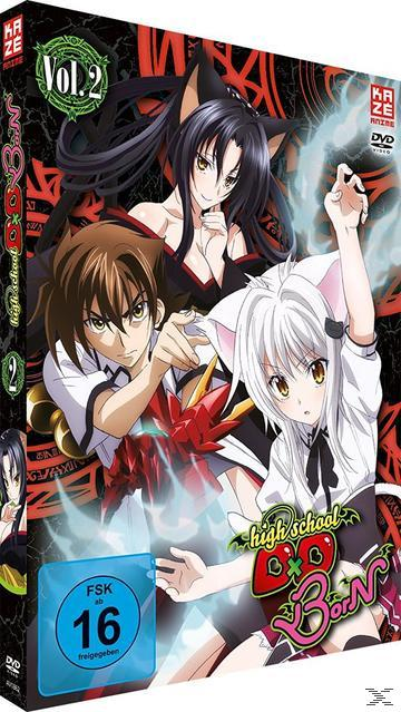 Anime-DVD-Hülle. Drei Anime-Charaktere sind auf dem Cover. Zwei Mädchen und ein Junge. Der Titel lautet High School DxD.
