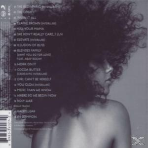 CD-Cover, Rückseite. Frau mit lockigem Haar, Titelliste. Monochrom, teilweise unscharf.