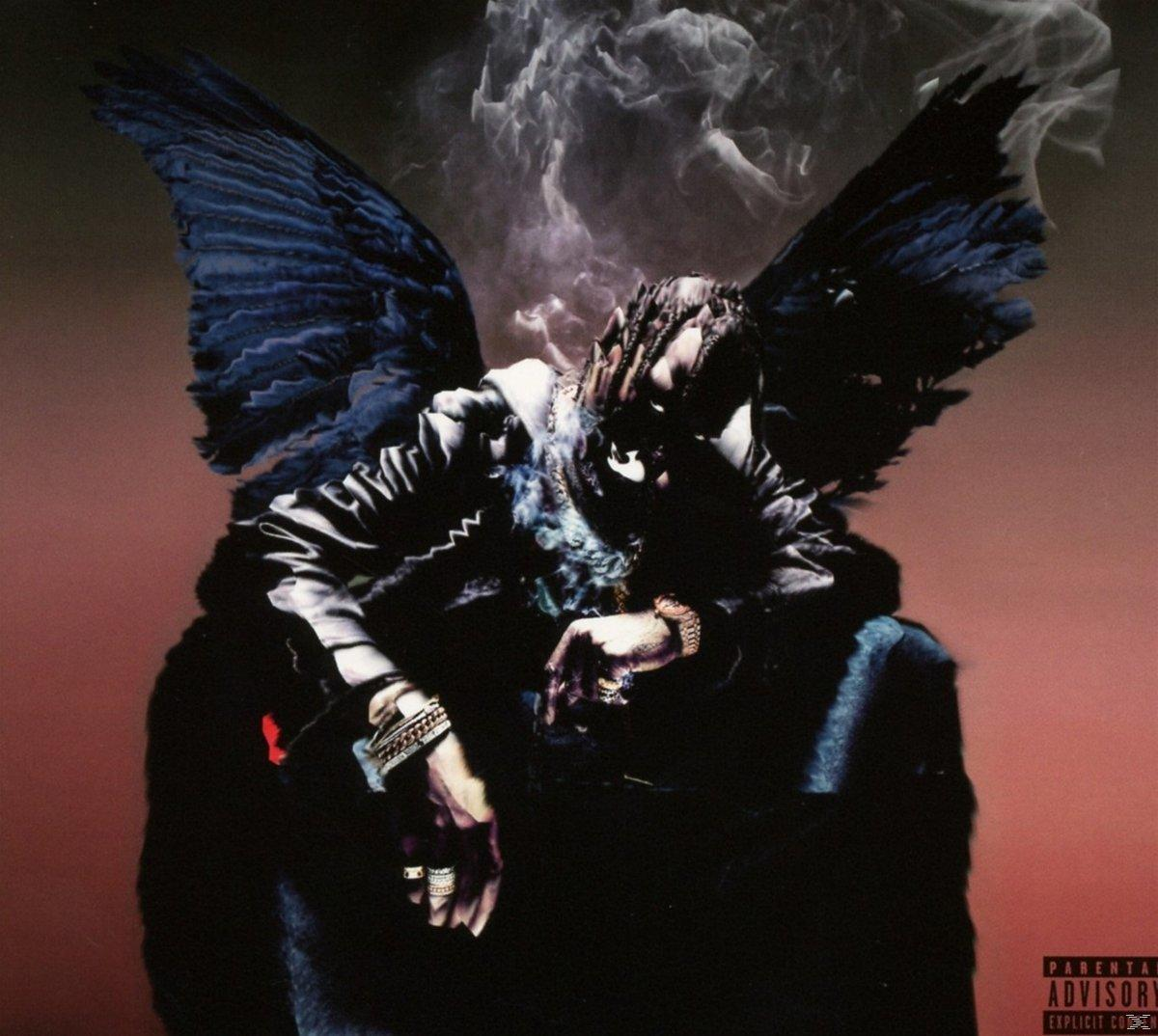 Albumcover mit engelartiger Figur, dunklen Flügeln und Rauch auf rotem Hintergrund.