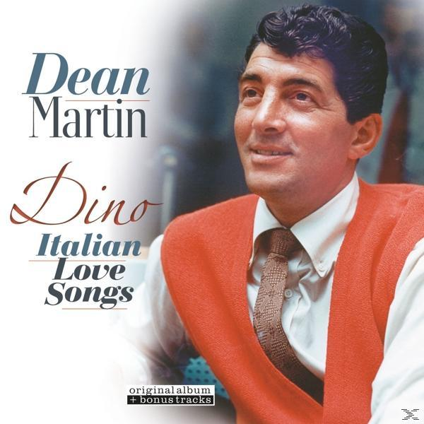 Dean Martin trägt eine rote Weste und Krawatte, mit Albumtitel Dino Italian Love Songs.