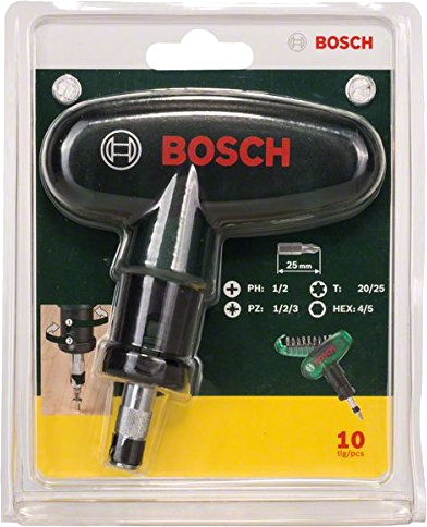 Bosch T-fogantyús csavarhúzó készlet átlátszó műanyag csomagolásban, szerszámokkal és címkékkel.