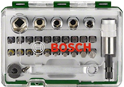 Szerszámkészlet különböző bitekkel és csavarhúzóval átlátszó tokban, Bosch logóval.