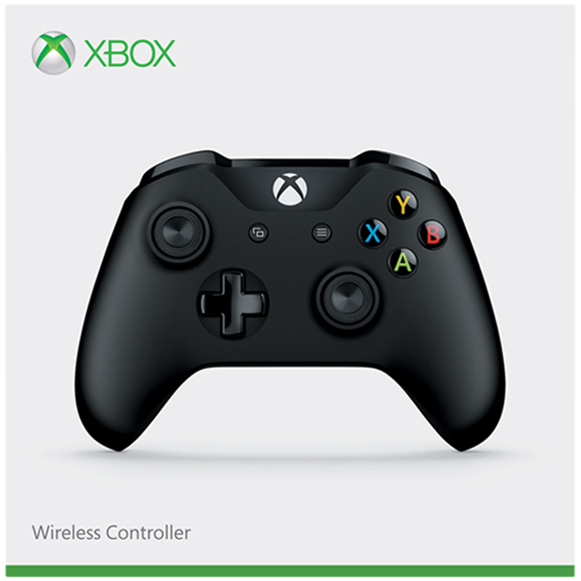 Zwarte XBOX draadloze controller. Xbox-logo bovenop. Knoppen: A, B, X, Y. Witte achtergrond.