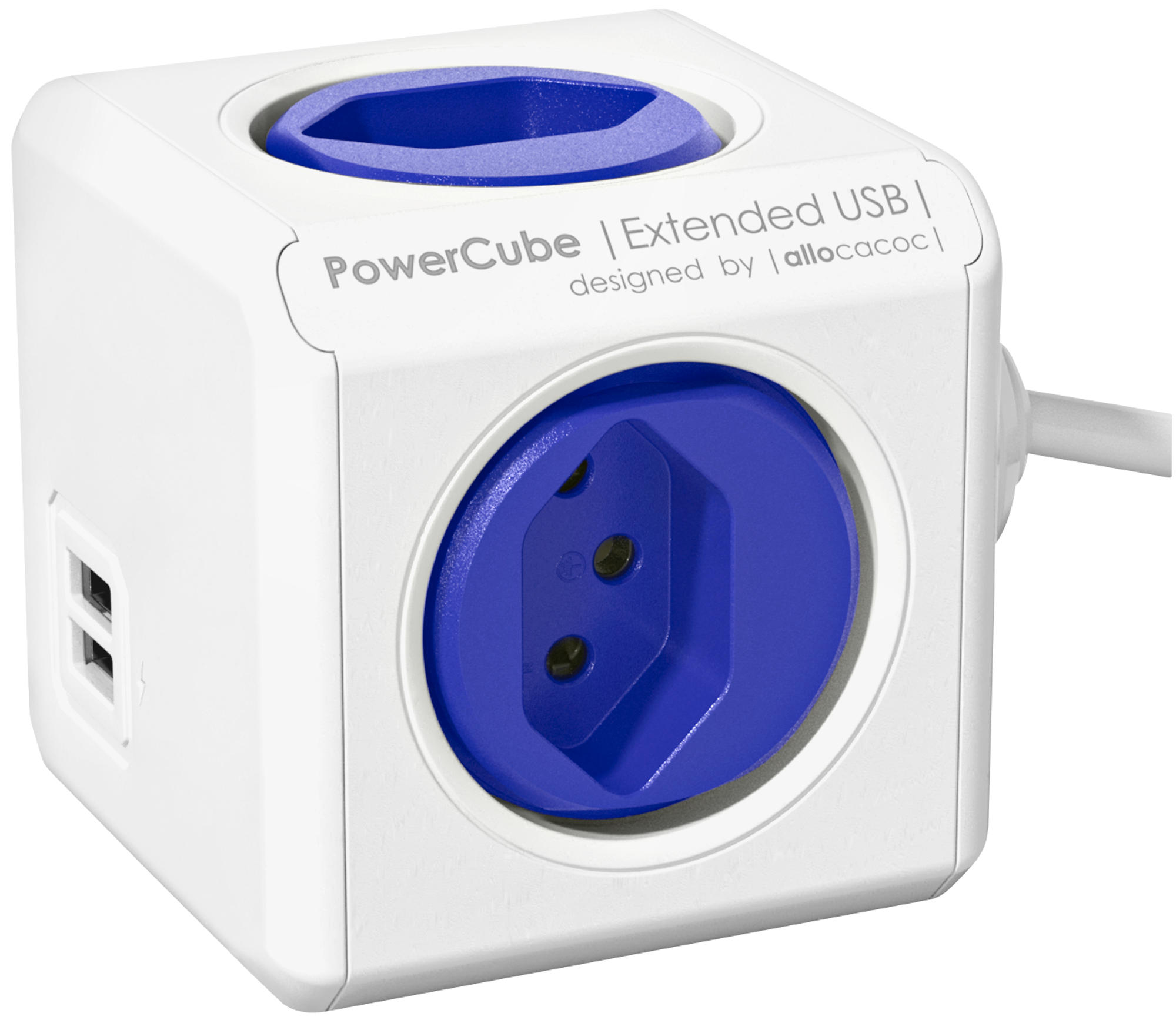 Ein weißer PowerCube mit blauen Steckdosen. Erweitertes USB-Design.