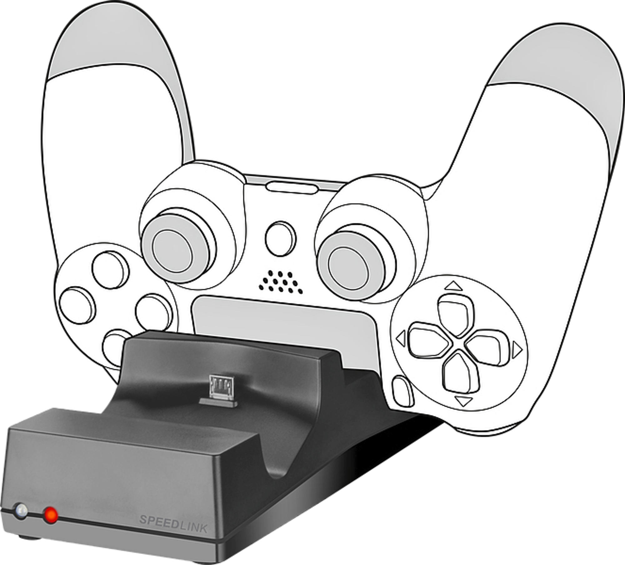 Schwarzer und grauer Gamecontroller mit Ladestation. Die Dockingstation hat ein rotes Licht und das Speedlink-Logo.