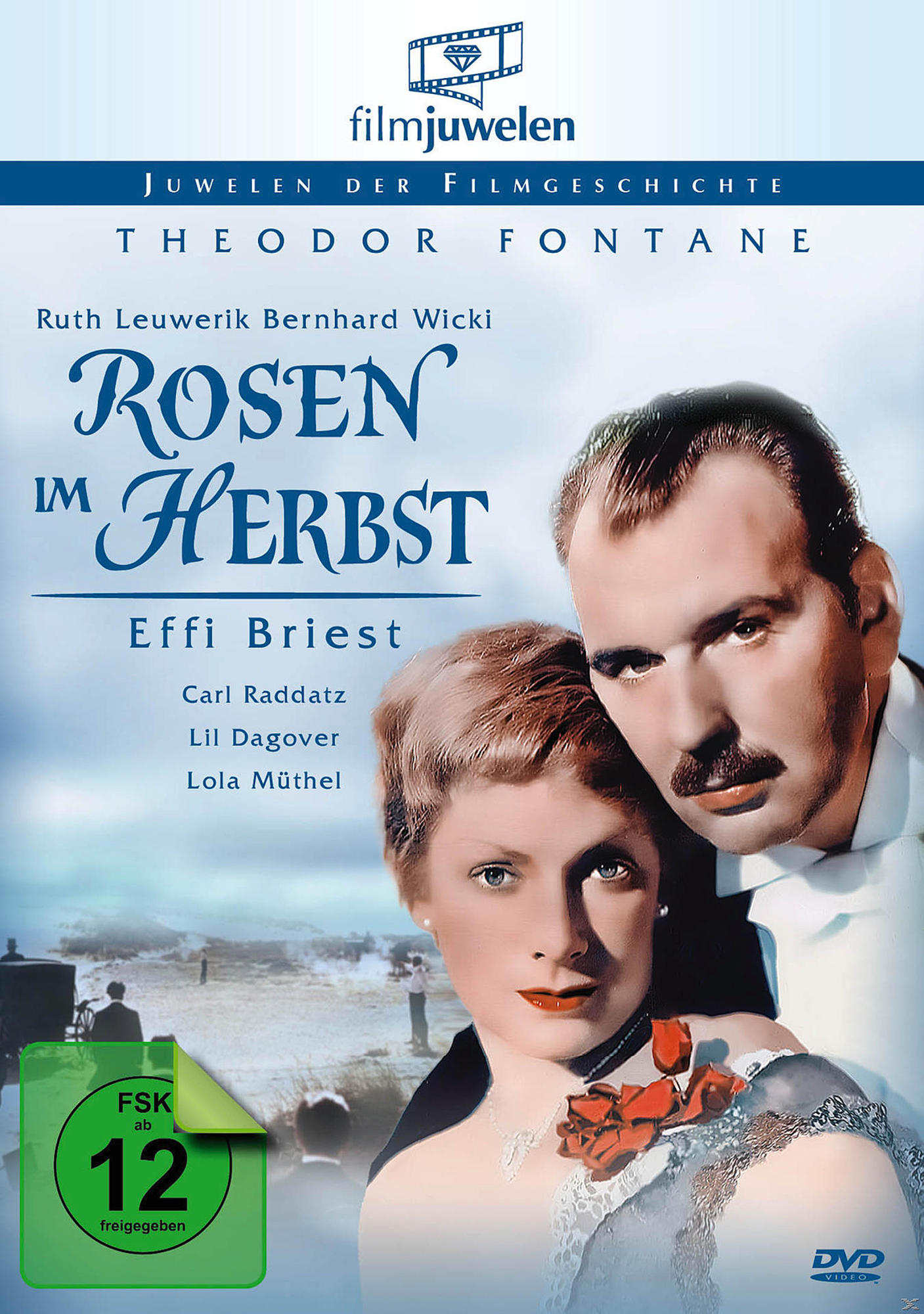 DVD-Cover: Filmplakat 'Rosen im Herbst' mit zwei Personen vor einem Haus.