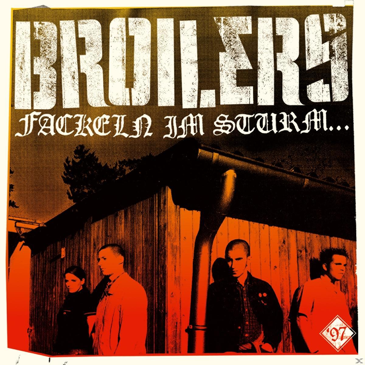 Albumcover: Broilers Band, rot-schwarzes Farbschema, mit Bandmitgliedern und Text.