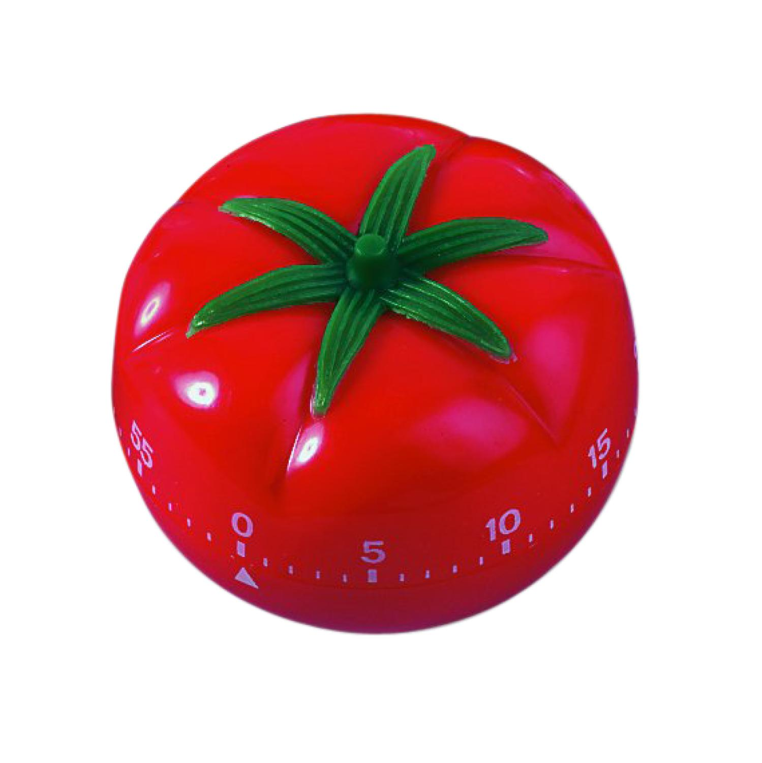 Roter tomatenförmiger Küchentimer mit grünen Blättern. Zahlen und ein weißer Hintergrund.