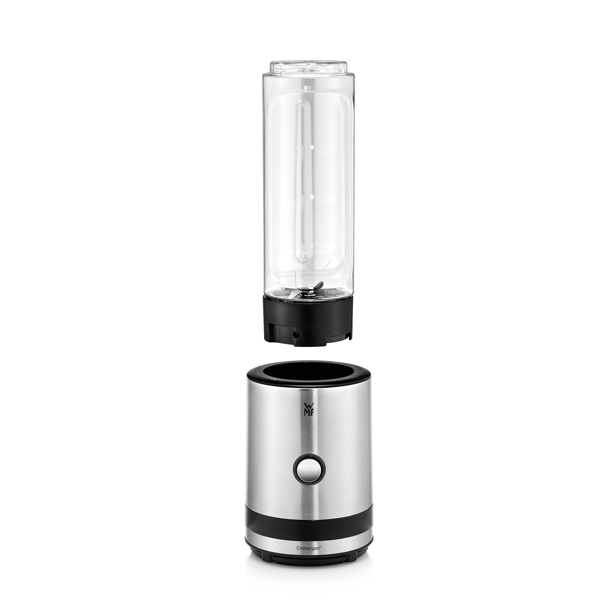Ein Edelstahl-Mixer ist zerlegt: Basis unten, transparenter Behälter oben, auf weißem Hintergrund.