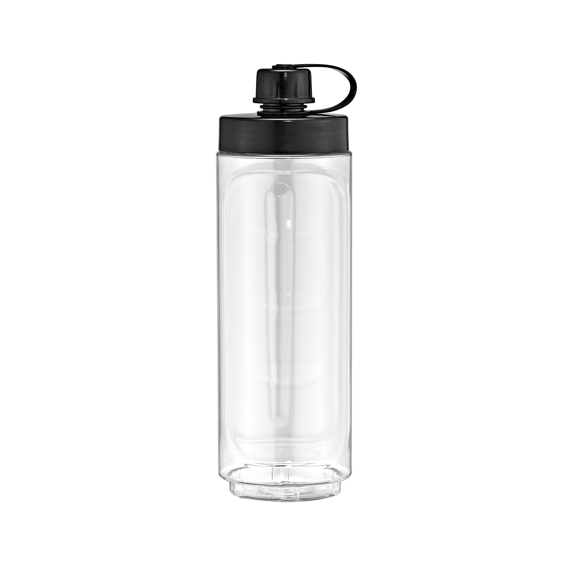 Eine transparente Plastik-Wasserflasche mit schwarzem Deckel und schwarzem Verschluss.