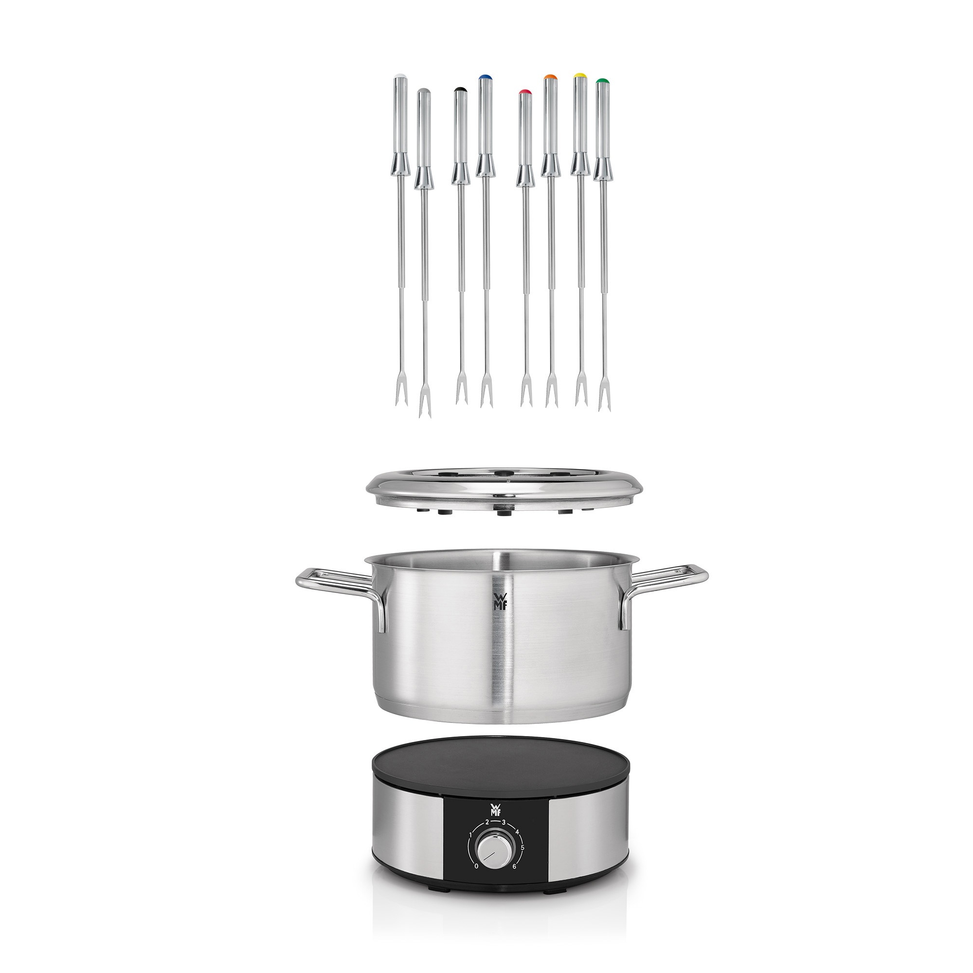 Ein Edelstahl-Fondue-Set mit Topf, Basis und Gabeln.