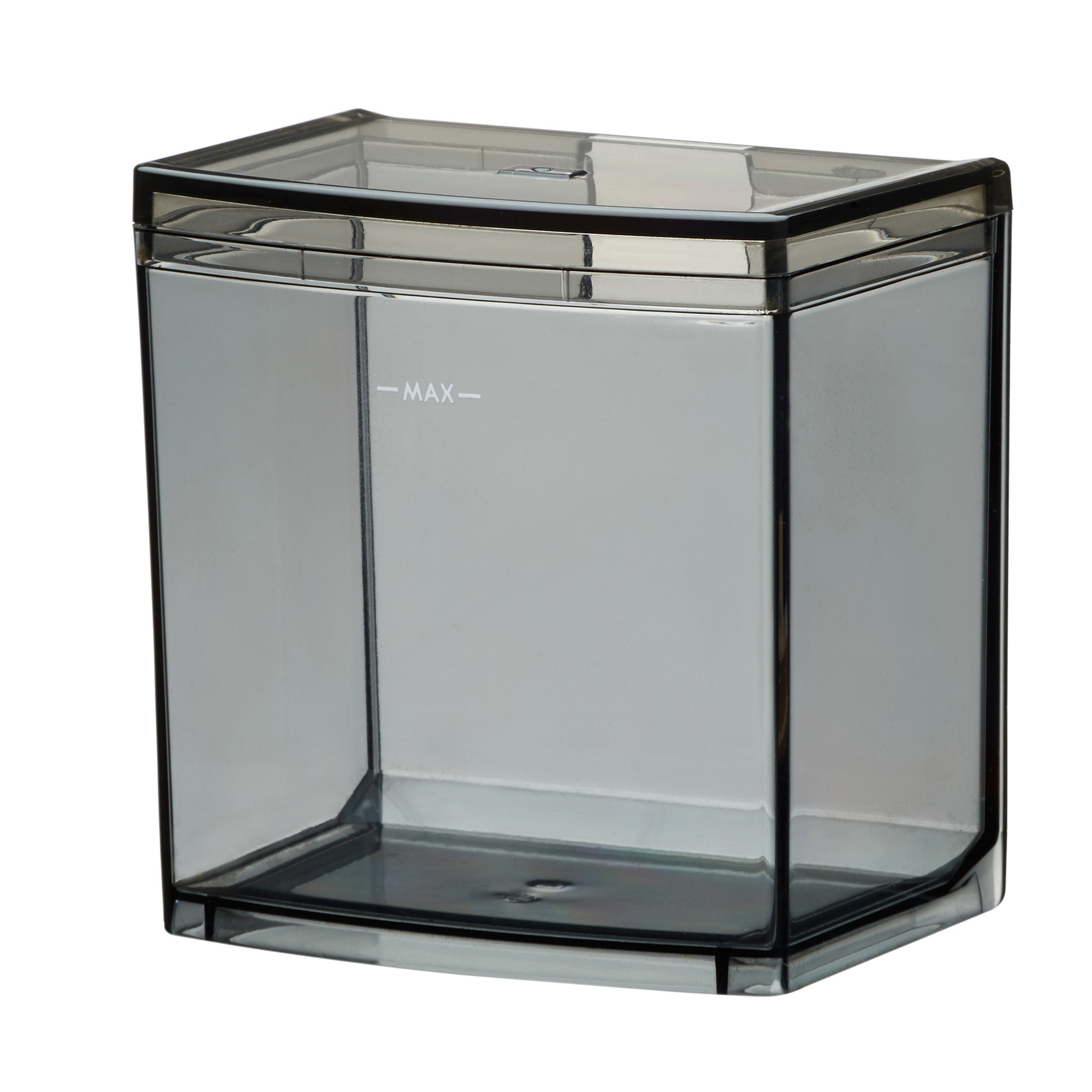 Transparenter Kunststoff-Wassertank. Er hat einen schwarzen Rahmen und eine weiße MAX-Linie.