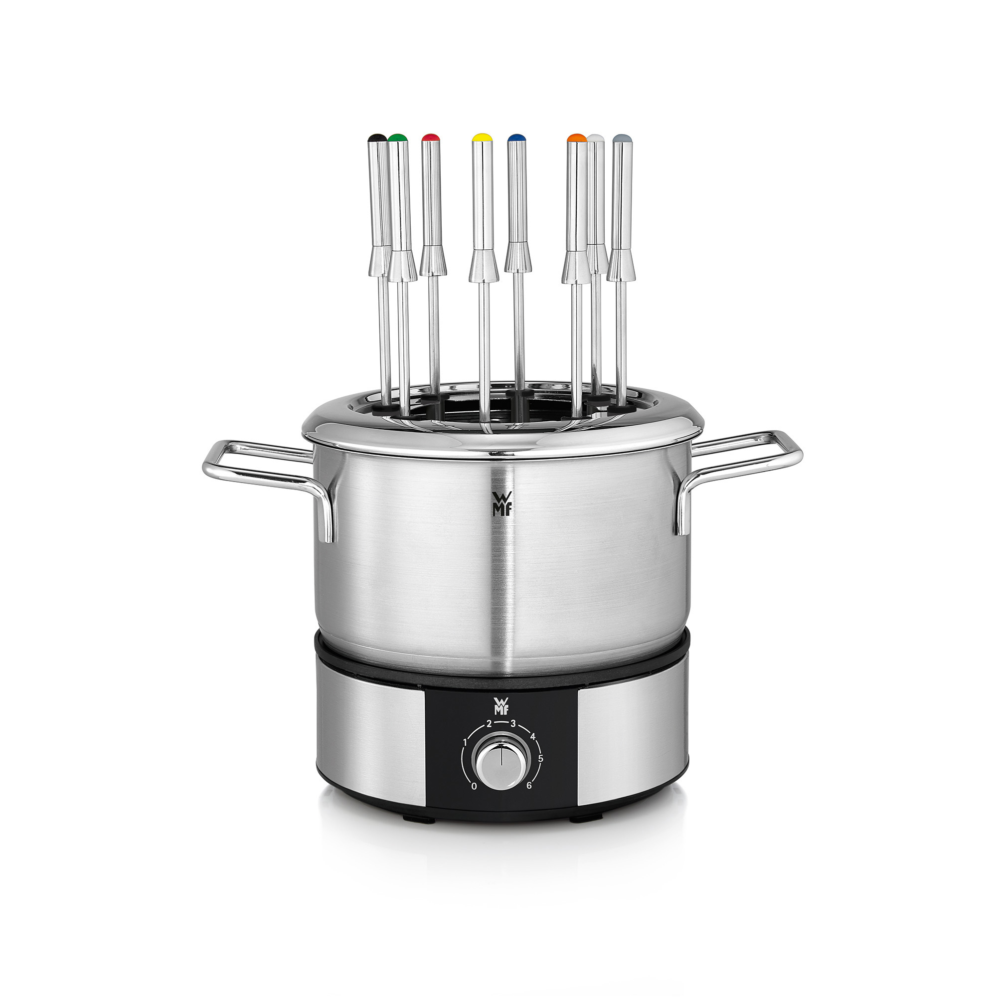 Fondue-Topf aus Edelstahl mit Gabeln, Knopf und schwarzem Sockel.