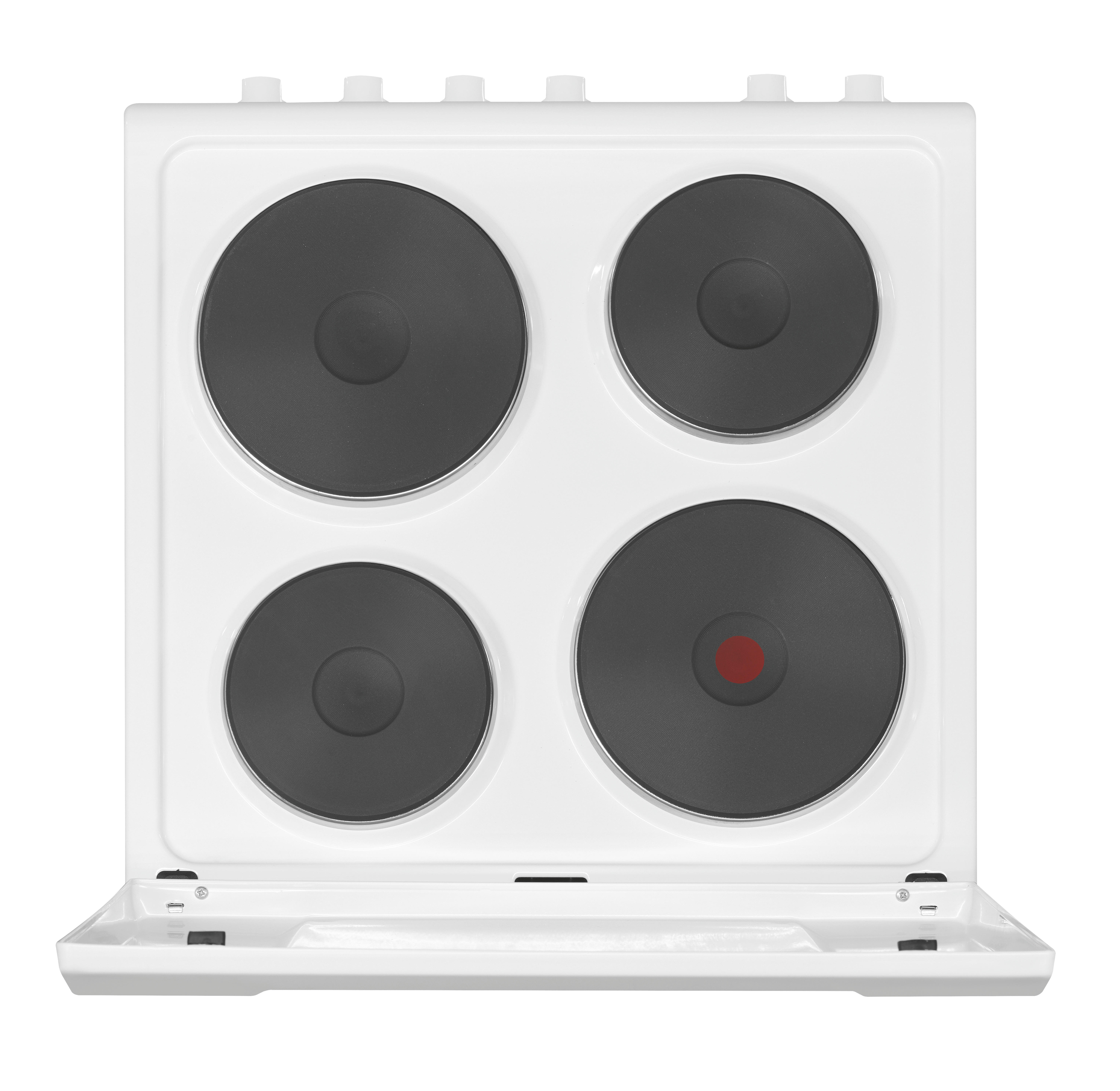 Ein weißer Elektroherd mit vier Kochplatten, eine davon mit rotem Punkt.
