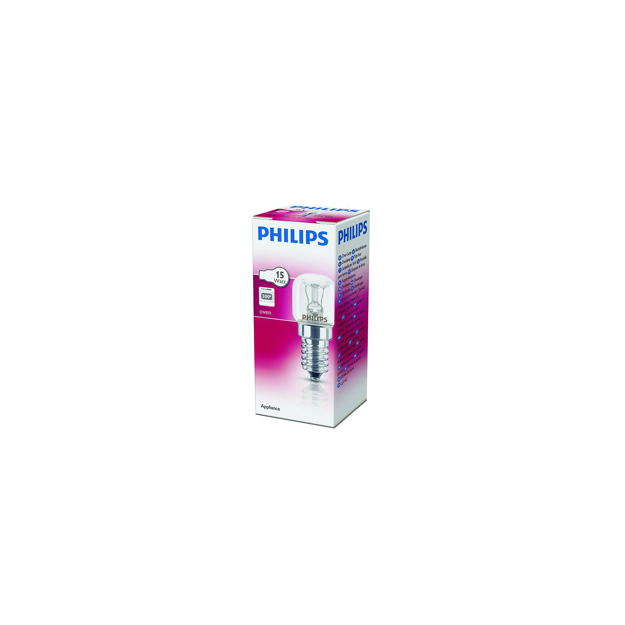Philips Glühbirne in einer weiß-rosa Box. Die Box hat Text und Bilder.