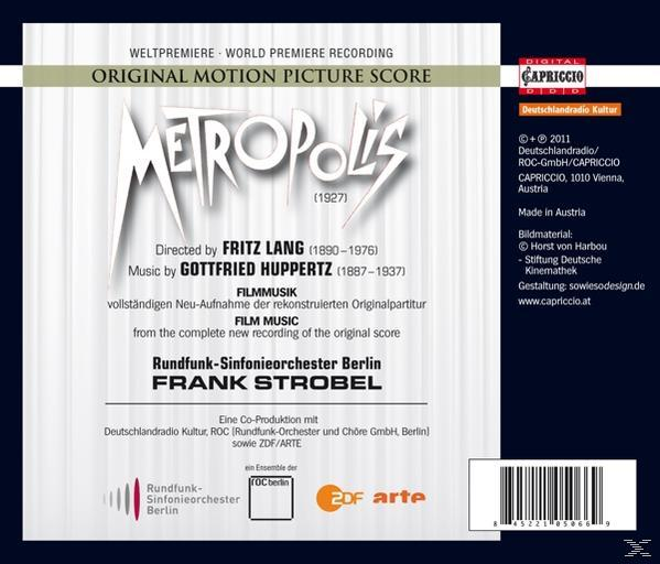 Rückseite einer Metropolis-Filmmusik-CD-Hülle. Text auf Deutsch und Englisch.