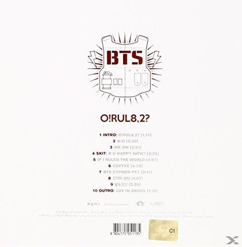 Album-Cover. Weißer Hintergrund mit Westengrafik und Songliste. 'BTS' und der Albumname 'O!RUL8,2?' sind sichtbar.